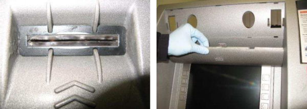 The card skimmer (left) and the hidden camera, disguised as a panel above the PIN pad. Images: EAST.