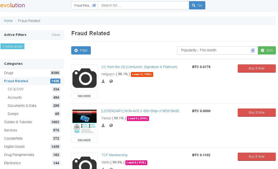 The â€œFraud Relatedâ€ section of the Evolution Market.