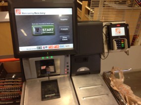 A self-checkout lane at a Home Depot in N. Virginia.