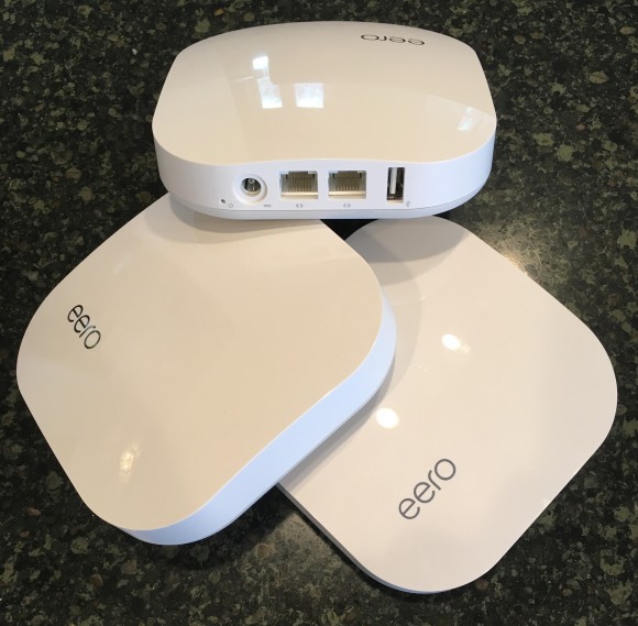 Three eero devices designed to create a "mesh" wireless network with extended range without compromising speed.