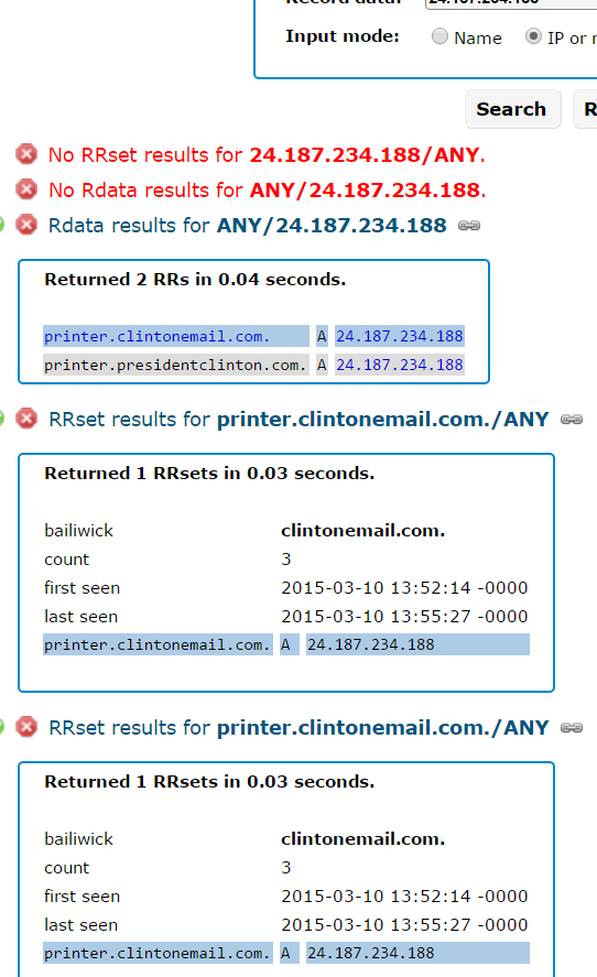 Farsight's record for 24.187.234.188, the Internet address which once mapped to "printer.clintonemail.com". 