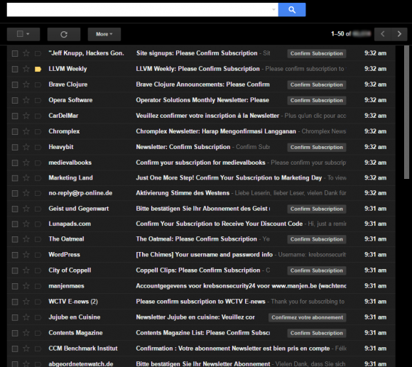 What my inbox looked like on Saturday, Aug. 13. Yours Truly and apparently at least 100 .gov email addresses got hit with an email bombing attack.