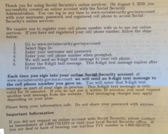 A letter that the Social Security Administration sends out via the U.S. Mail for every American who signs up to manage their benefits at ssa.gov.