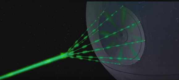 A scene from the 1978 movie Star Wars, which the Death Star tests its firepower by blowing up a planet.