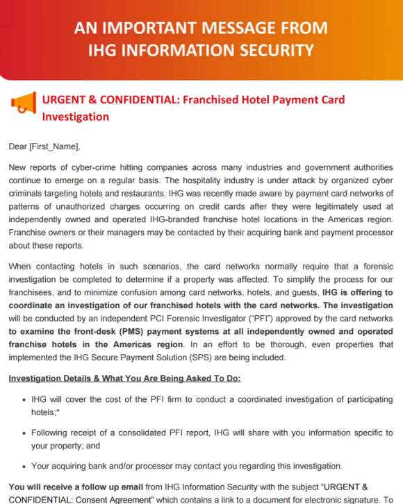 A letter from IHG to franchise customers, offering to pay for the cyber forensics examination.