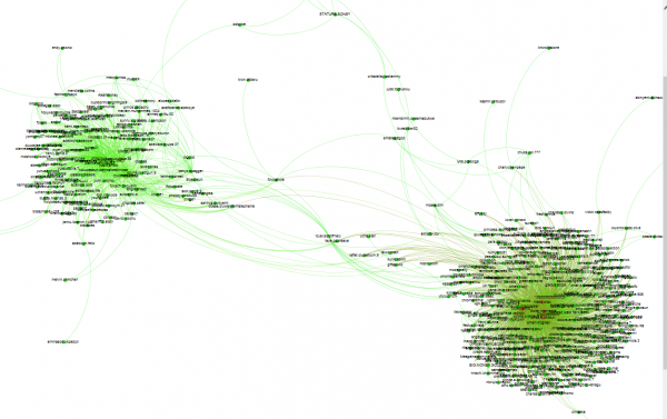RecordedFuture's rendering of the Facebook profiles shows fairly two tight-knit social networks.