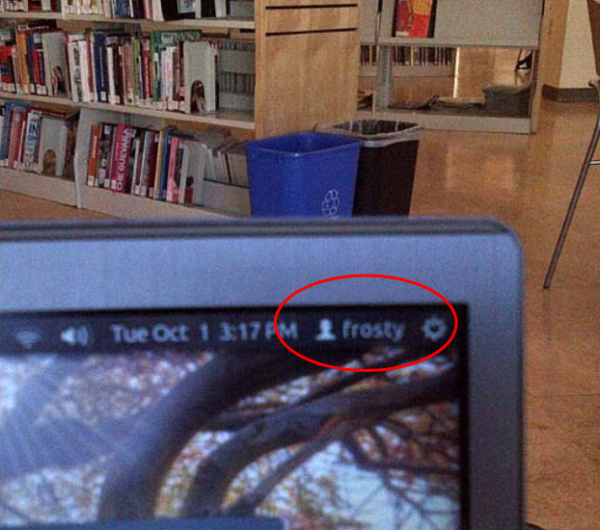 This photo, released by prosecutors, shows Ulbricht's laptop as seized in the public library, logged in as "Frosty." According to the government, this was the the name of the only computer authorized to log in to the Silk Road server directly.