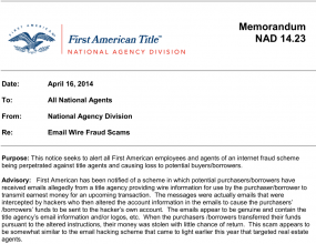 An alert sent by First National Title to its agents.