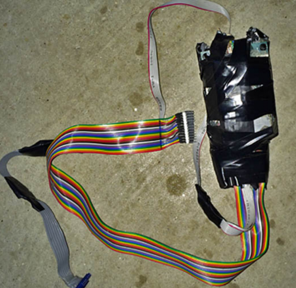 A gas pump skimmer retrofitted with a GPS tracking device. Image: 3VR's Crimedex Alert System.