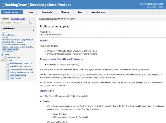 A knowledge base file stolen from Hacking Team explaining how to use the company's zero-day Flash exploit.