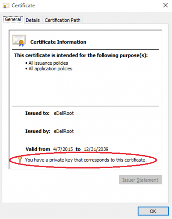 The vulnerable certificate from Dell. Image: Joe Nord