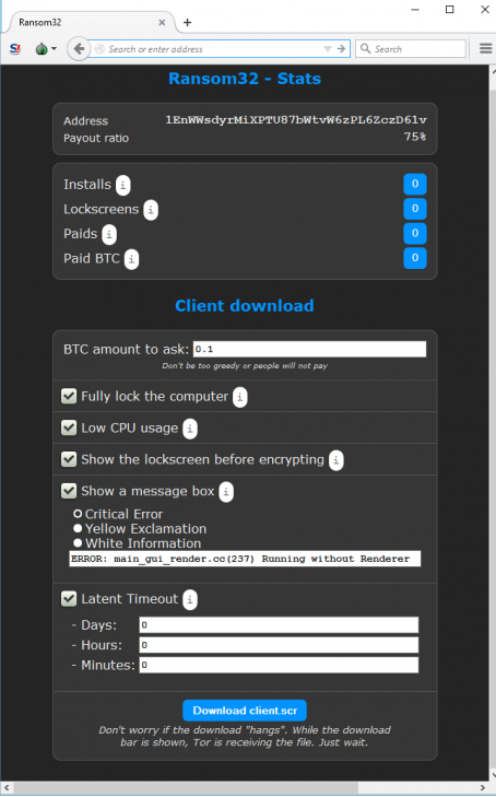 The crimeware as a service ransomware package, Ransome32. Image: Emisoft.