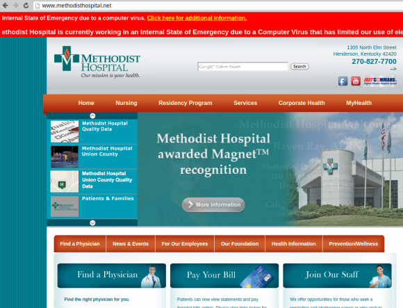 A streaming red banner on Methodisthospital.net warns that a computer virus infection has limited the hospital's use of electronic web-based services.
