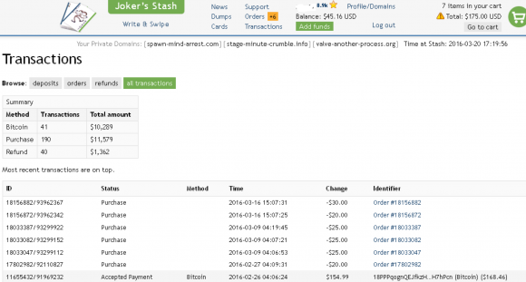The dashboard for a Joker's Stash customer that has spent over $10,000 buying stolen credit cards from the site.