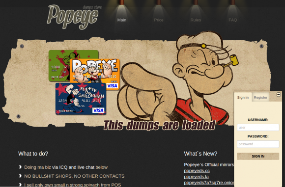 "Popeye," another carding site hosted on the criminal cloud network.