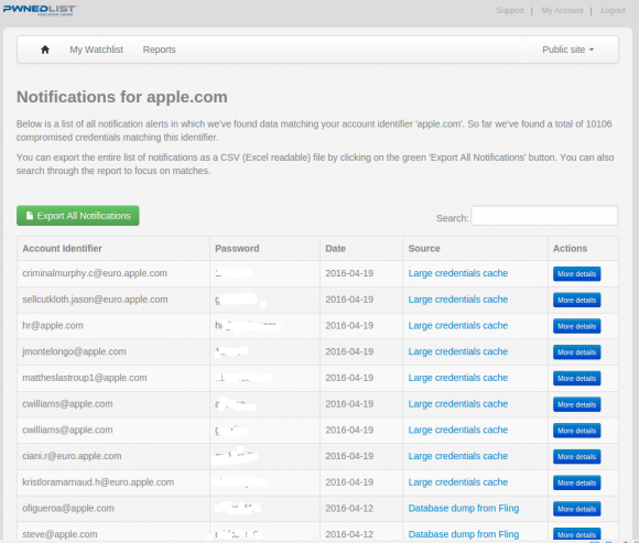 Some of the more than 100,000 credentials that Pwnedlist returned for me in a report on all passwords tied to email addresses that include "apple.com".