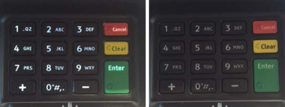 The backlight can be best seen while shading the keypad from room lights. The image on the left is a powered-on legitimate ISC250 viewed with the keypad shaded. The backlight can be seen in comparison to a powered-off ISC250 in the right image. Source: Ingenico.