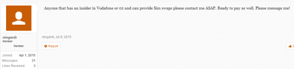 A darknet forum discussion about possible insiders at Vodafone.