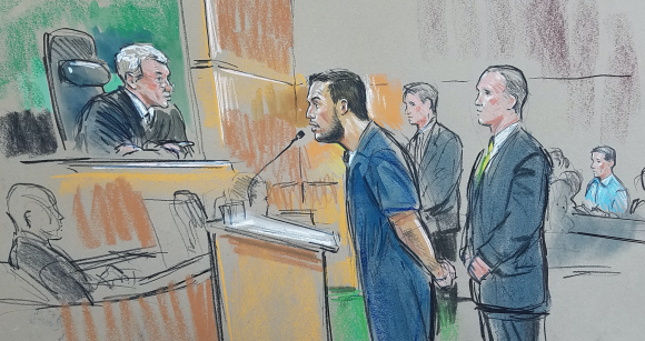 Mir Islam, at his sentencing hearing today. Sketches copyright by Hennessy / CourtroomArt.com