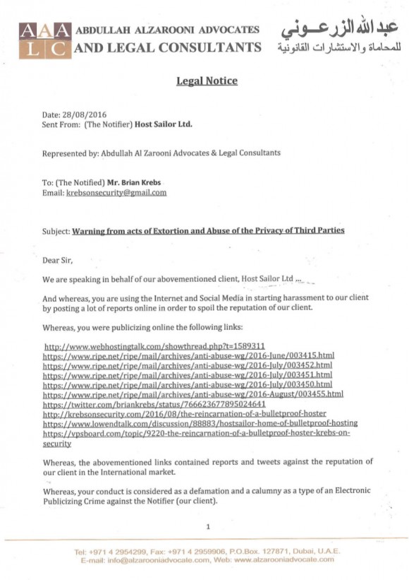 An emailed "legal notice" I apparently received from a law firm in Dubai, demanding that I unpublish an unflattering story about HostSailor.