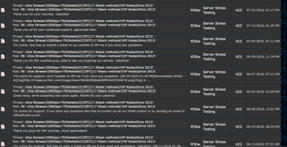 Some of P1st/M30W's posts on Hackforums regarding his service vDOS.