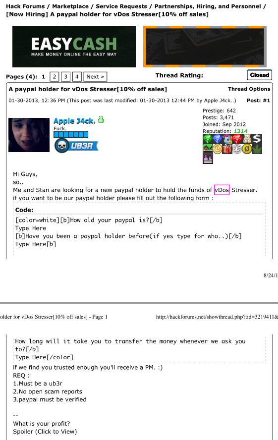 vDos co-owner AppleJ4ck recruiting Hackforums members to help launder PayPal payments for his booter service.