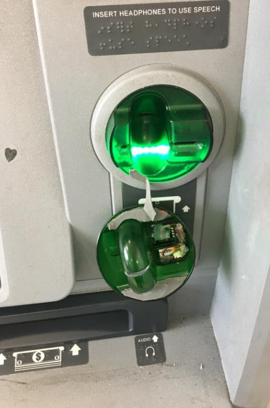 A skimmer overlay that came off an ATM at a 7-Eleven convenience store in Texas after a curious customer tugged on the card slot.