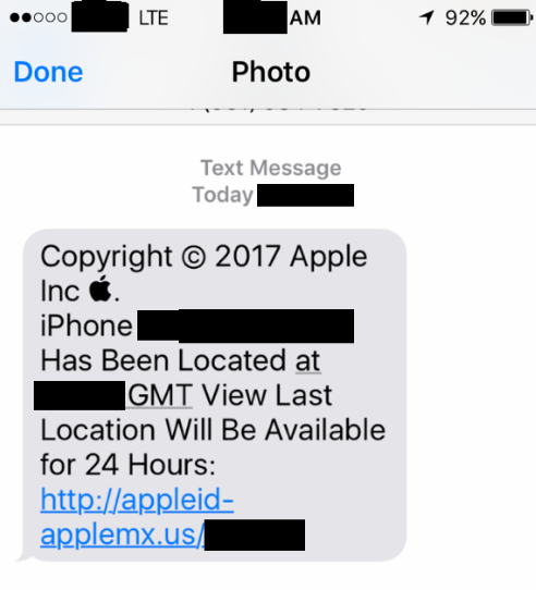 The iCloud account phishing text that John's friend received months after losing a family iPhone.