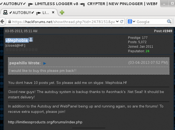 A screen shot of Zach "Mephobia" Shames on Hackforums discussing the relationship between his Limitless keylogger and Huddleston's Net Seal anti-piracy and payment platform.