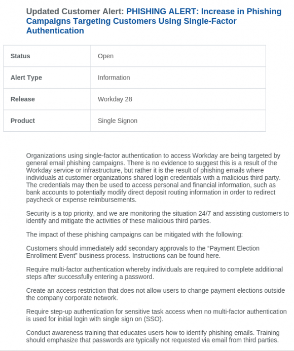 A portion of the phishing alert that Workday sent to its customers.