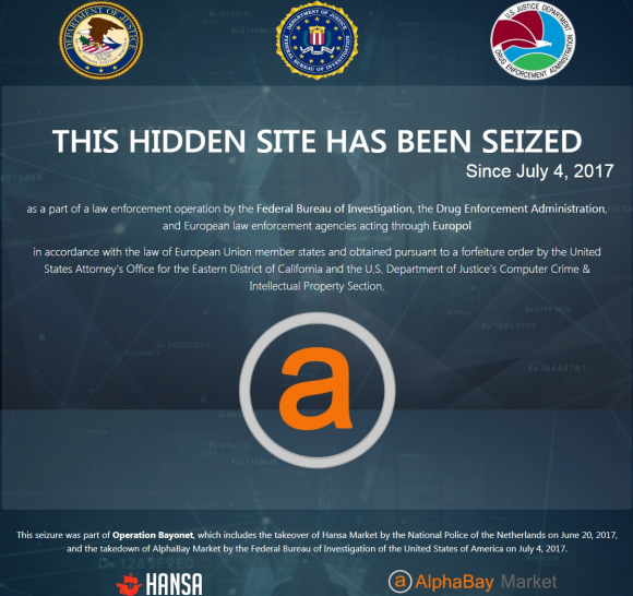 The normal home page for the dark Web market Hansa has been replaced by this message from U.S. law enforcement authorities.