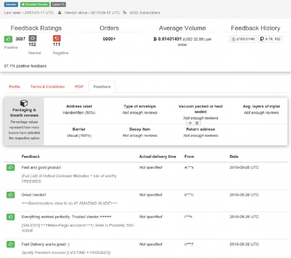 The profile and feedback of a top AlphaBay vendor. 