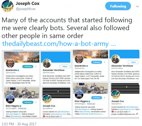 Cox observed the same likely bot accounts that followed him following me and a short list of other users in the same order.