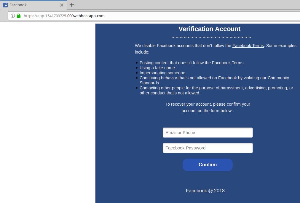 Facebook phishing link