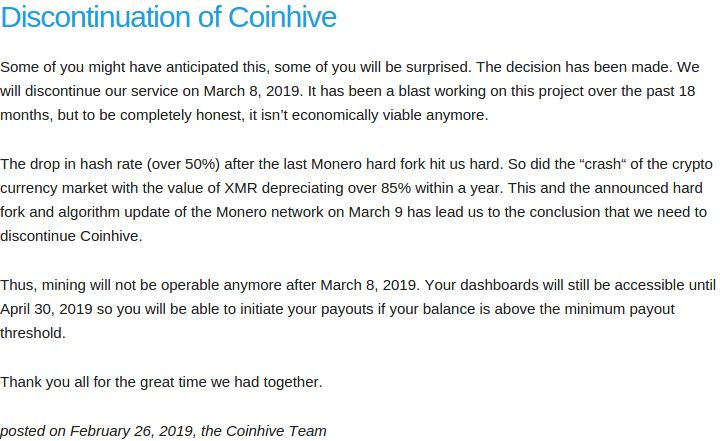 Crypto Mining Service Coinhive to Call it Quits