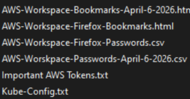 The Private CISA GitHub repo exposed dozens of plaintext credentials to important CISA GovCloud resources. The filenames include AWS-Workspace-Bookmarks-April-6-2026.html, AWS-Workspace-Firefox-Passwords.csv, Important AWS Tokens.txt, kube-config.txt, etc.